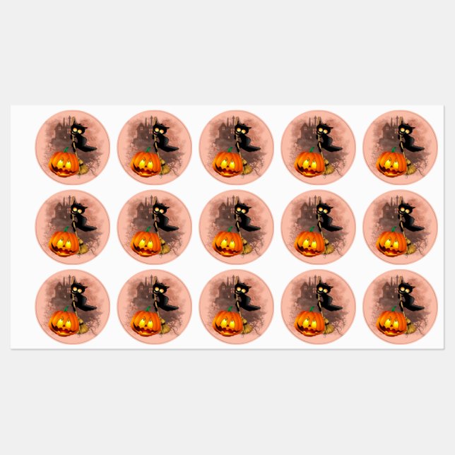 Cat Scared by Pumpkin Fun Halloween Character Labels (Sheet)