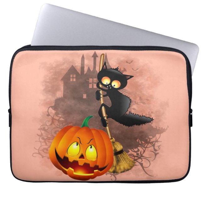 Cat Scared by Pumpkin Fun Halloween Character Laptop Sleeve (Front)