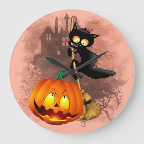 Cat Scared by Pumpkin Fun Halloween Character Large Clock