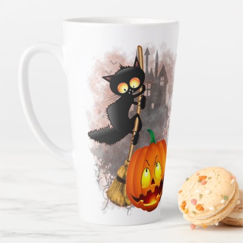 Cat Scared by Pumpkin Fun Halloween Character Latte Mug