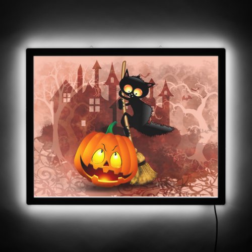 Cat Scared by Pumpkin Fun Halloween Character LED Sign