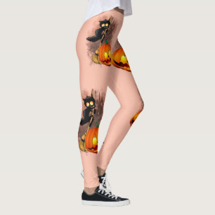 Cat Scared by Pumpkin Fun Halloween Character Leggings