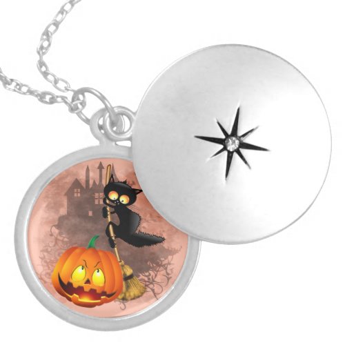 Cat Scared by Pumpkin Fun Halloween Character Locket Necklace