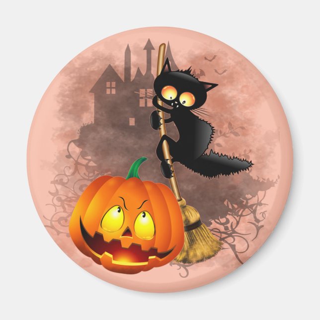 Cat Scared by Pumpkin Fun Halloween Character Magnet (Front)