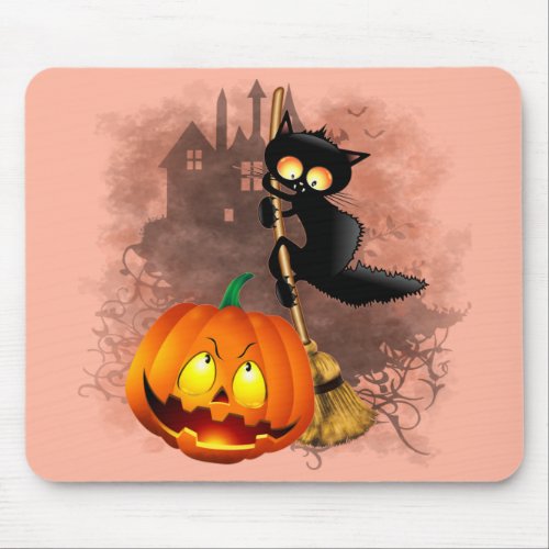 Cat Scared by Pumpkin Fun Halloween Character Mouse Pad