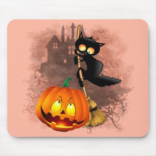 Cat Scared by Pumpkin Fun Halloween Character Mouse Pad (Front)