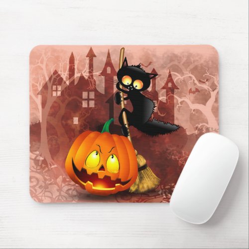Cat Scared by Pumpkin Fun Halloween Character Mouse Pad