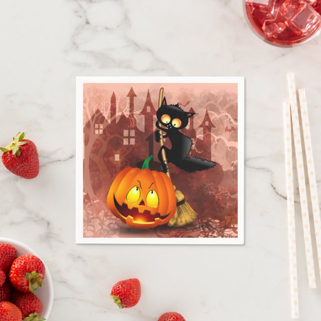 Cat Scared by Pumpkin Fun Halloween Character Napkins (Insitu)