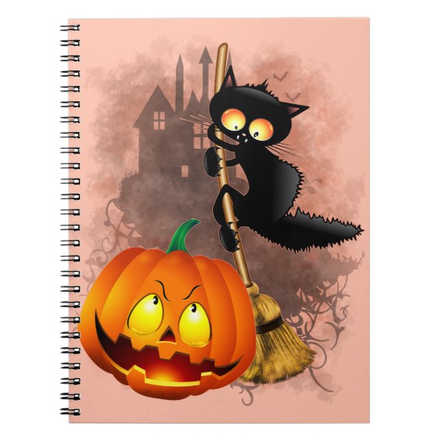 Cat Scared by Pumpkin Fun Halloween Character Notebook (Front)