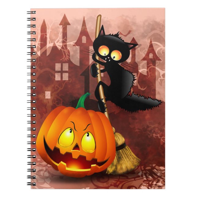 Cat Scared by Pumpkin Fun Halloween Character Notebook (Front)