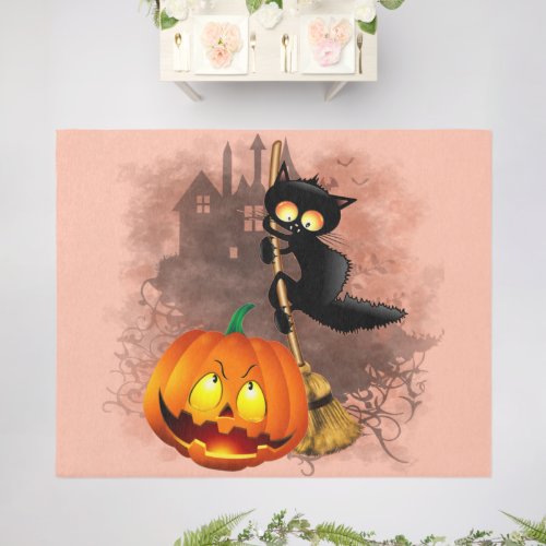 Cat Scared by Pumpkin Fun Halloween Character Outdoor Rug