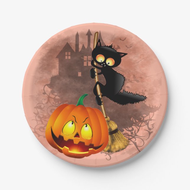 Cat Scared by Pumpkin Fun Halloween Character Paper Plates (Front)
