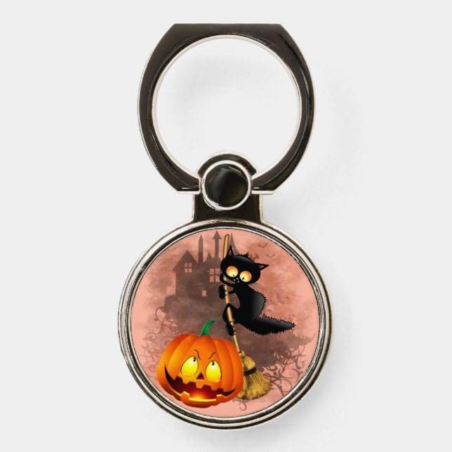 Cat Scared by Pumpkin Fun Halloween Character Phone Ring Stand (Front)