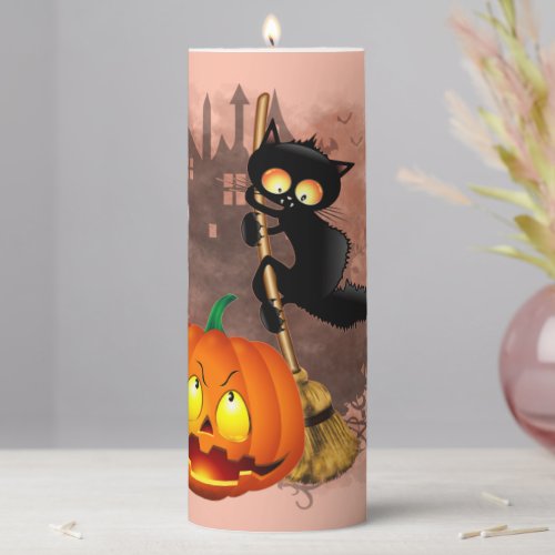 Cat Scared by Pumpkin Fun Halloween Character Pillar Candle