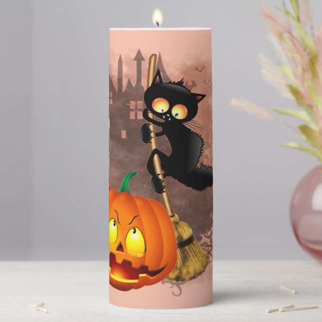 Cat Scared by Pumpkin Fun Halloween Character Pillar Candle (In Situ)