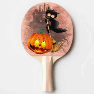 Cat Scared by Pumpkin Fun Halloween Character Ping Pong Paddle