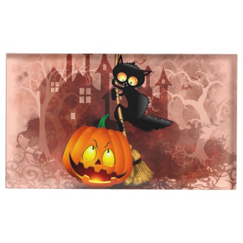 Cat Scared by Pumpkin Fun Halloween Character Place Card Holder