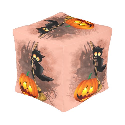 Cat Scared by Pumpkin Fun Halloween Character Pouf