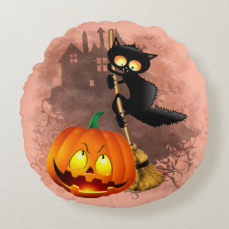 Cat Scared by Pumpkin Fun Halloween Character Round Pillow