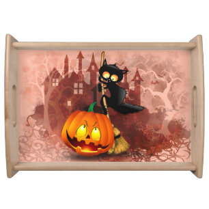 Cat Scared by Pumpkin Fun Halloween Character Serving Tray