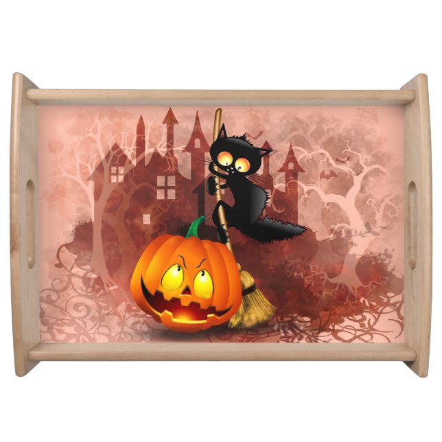 Cat Scared by Pumpkin Fun Halloween Character Serving Tray (Front)