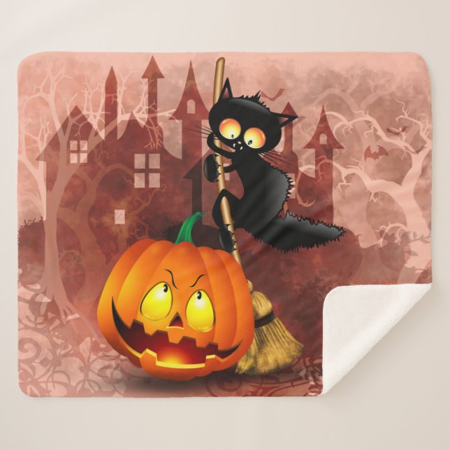 Cat Scared by Pumpkin Fun Halloween Character Sherpa Blanket (Front (Horizontal))
