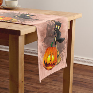 Cat Scared by Pumpkin Fun Halloween Character Short Table Runner
