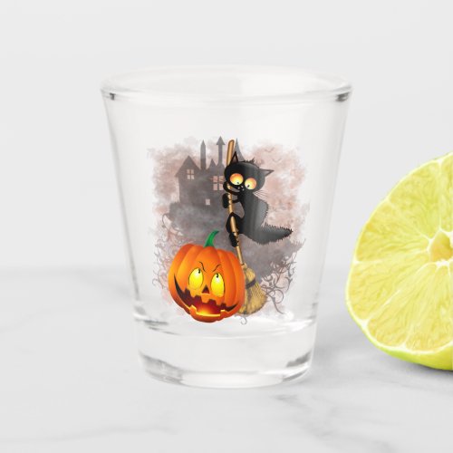 Cat Scared by Pumpkin Fun Halloween Character Shot Glass