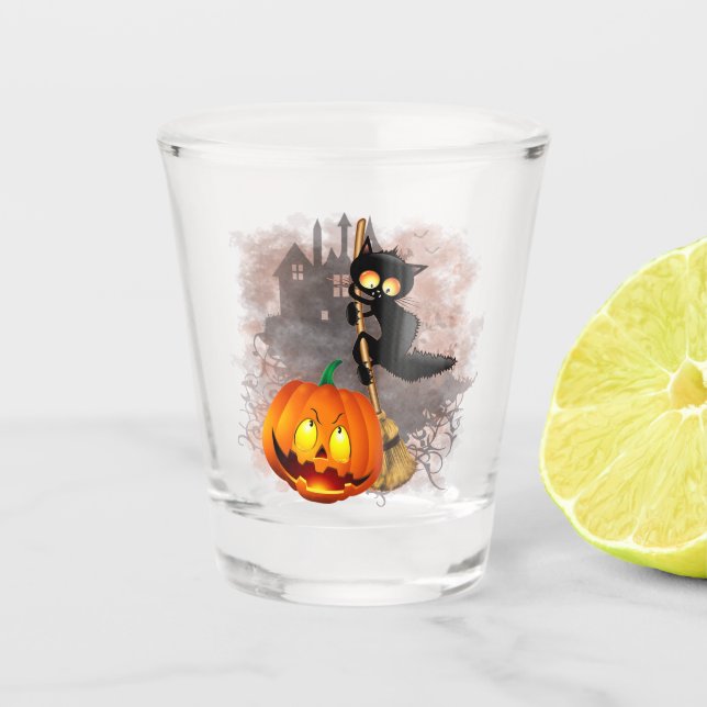 Cat Scared by Pumpkin Fun Halloween Character Shot Glass (Front)