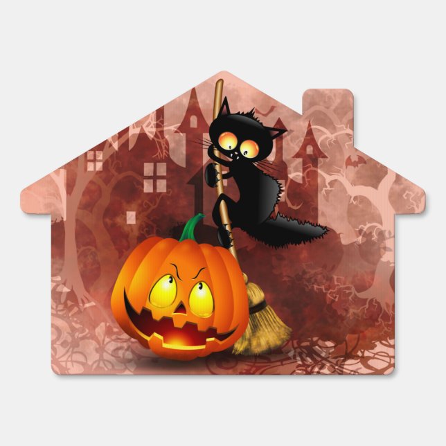 Cat Scared by Pumpkin Fun Halloween Character Sign (Front)