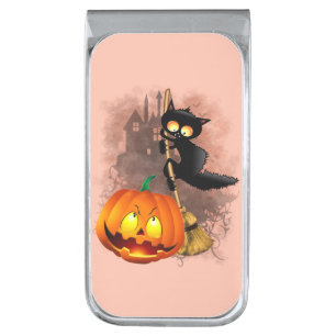 Cat Scared by Pumpkin Fun Halloween Character Silver Finish Money Clip
