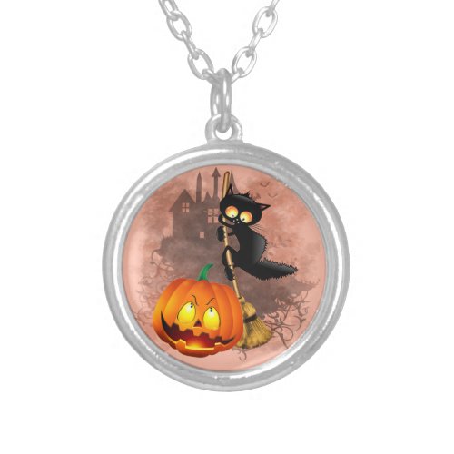 Cat Scared by Pumpkin Fun Halloween Character Silver Plated Necklace