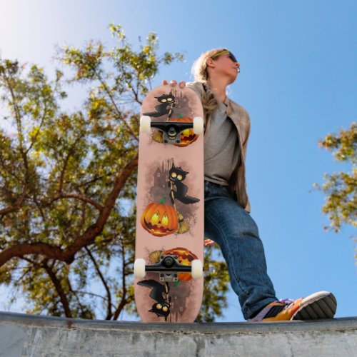 Cat Scared by Pumpkin Fun Halloween Character Skateboard