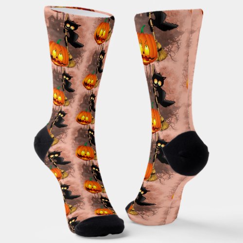 Cat Scared by Pumpkin Fun Halloween Character Socks