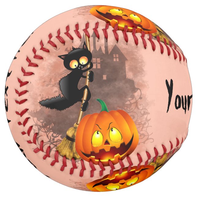Cat Scared by Pumpkin Fun Halloween Character Softball (Front Left)