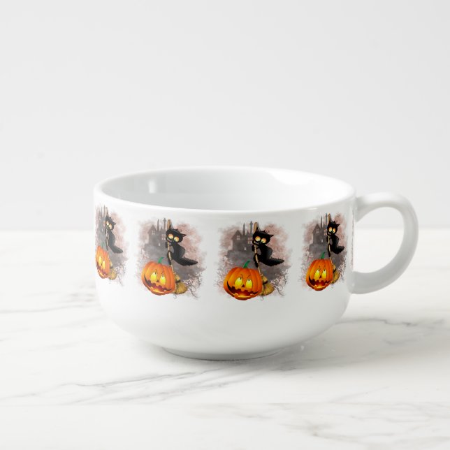 Cat Scared by Pumpkin Fun Halloween Character Soup Mug (Left)