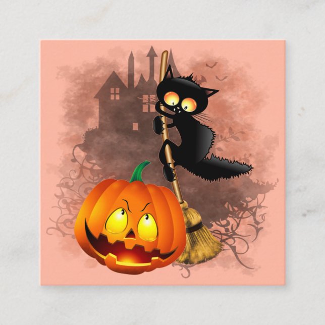Cat Scared by Pumpkin Fun Halloween Character Square Business Card (Front)
