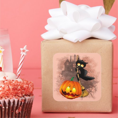 Cat Scared by Pumpkin Fun Halloween Character Square Sticker