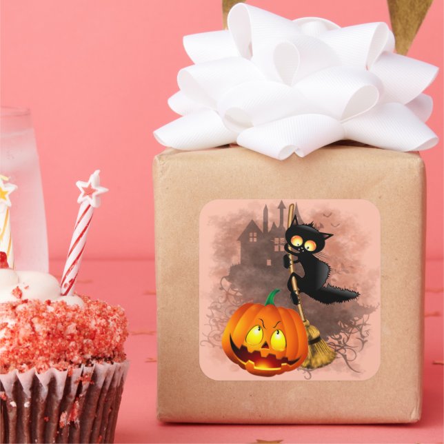 Cat Scared by Pumpkin Fun Halloween Character Square Sticker (Party)