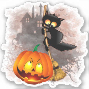 Cat Scared by Pumpkin Fun Halloween Character Sticker