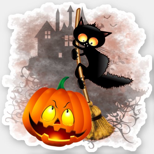 Cat Scared by Pumpkin Fun Halloween Character Sticker
