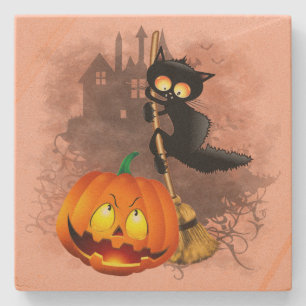 Cat Scared by Pumpkin Fun Halloween Character Stone Coaster