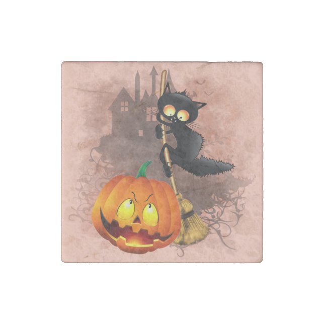 Cat Scared by Pumpkin Fun Halloween Character Stone Magnet (Front)