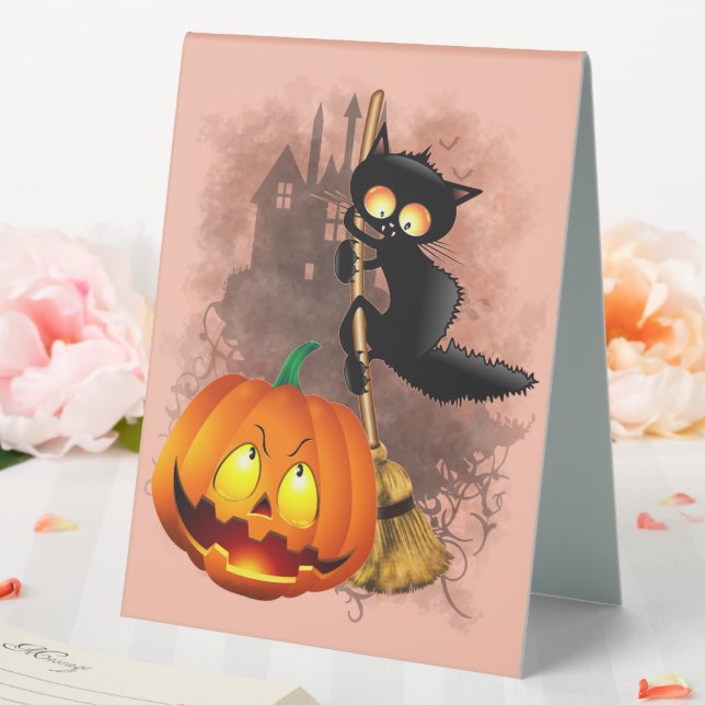 Cat Scared by Pumpkin Fun Halloween Character Table Tent (In SItu (Wedding))