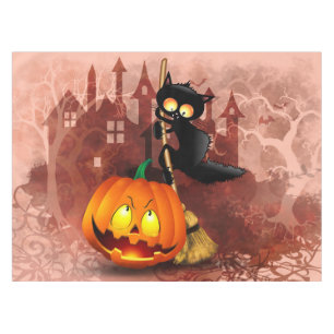 Cat Scared by Pumpkin Fun Halloween Character Tablecloth