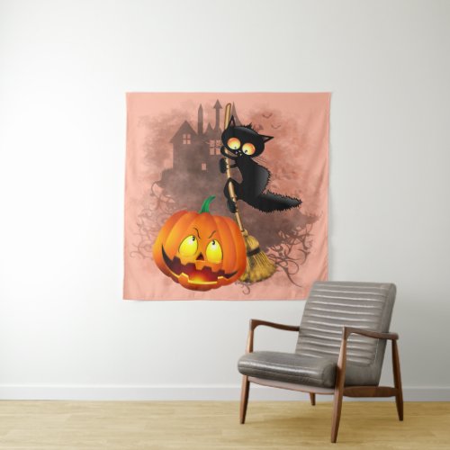 Cat Scared by Pumpkin Fun Halloween Character Tapestry