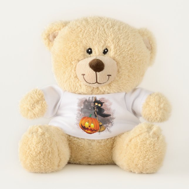 Cat Scared by Pumpkin Fun Halloween Character Teddy Bear (Front)