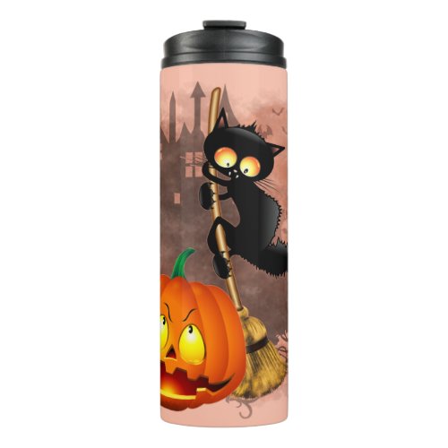 Cat Scared by Pumpkin Fun Halloween Character Thermal Tumbler