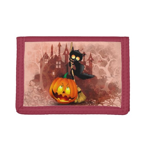 Cat Scared by Pumpkin Fun Halloween Character Trifold Wallet