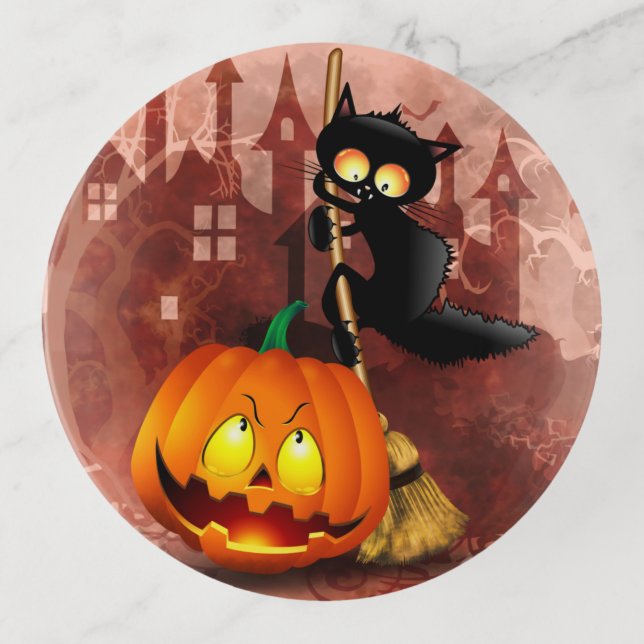 Cat Scared by Pumpkin Fun Halloween Character Trinket Tray (Front)